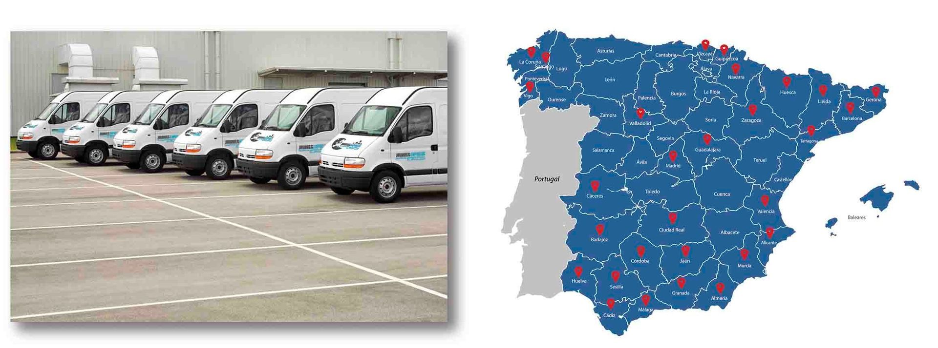 Una fila de furgonetas están aparcadas junto a un mapa de España
