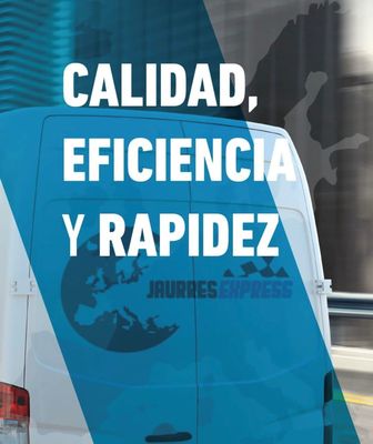 A blue and white van with the words calidad eficacia y rapidez on it