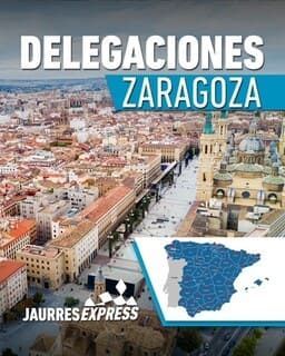 Un cartel para las delegaciones de Zaragoza muestra una vista aérea de la ciudad.